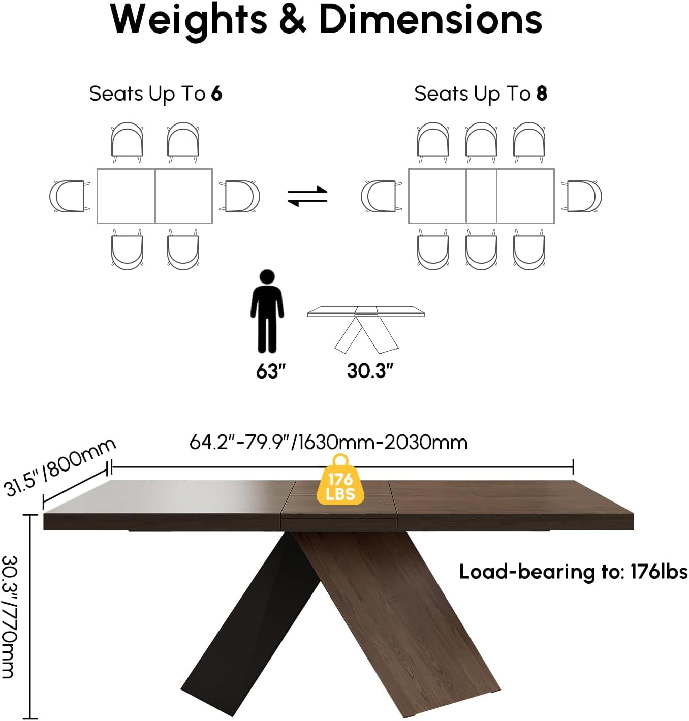 Extendable Dining Table with Walnut Finish, Modern Rectangle Kitchen Table W/Pedestal Base, Seats 6-8 (Walnut, 63"-79" (Seats 6-8))