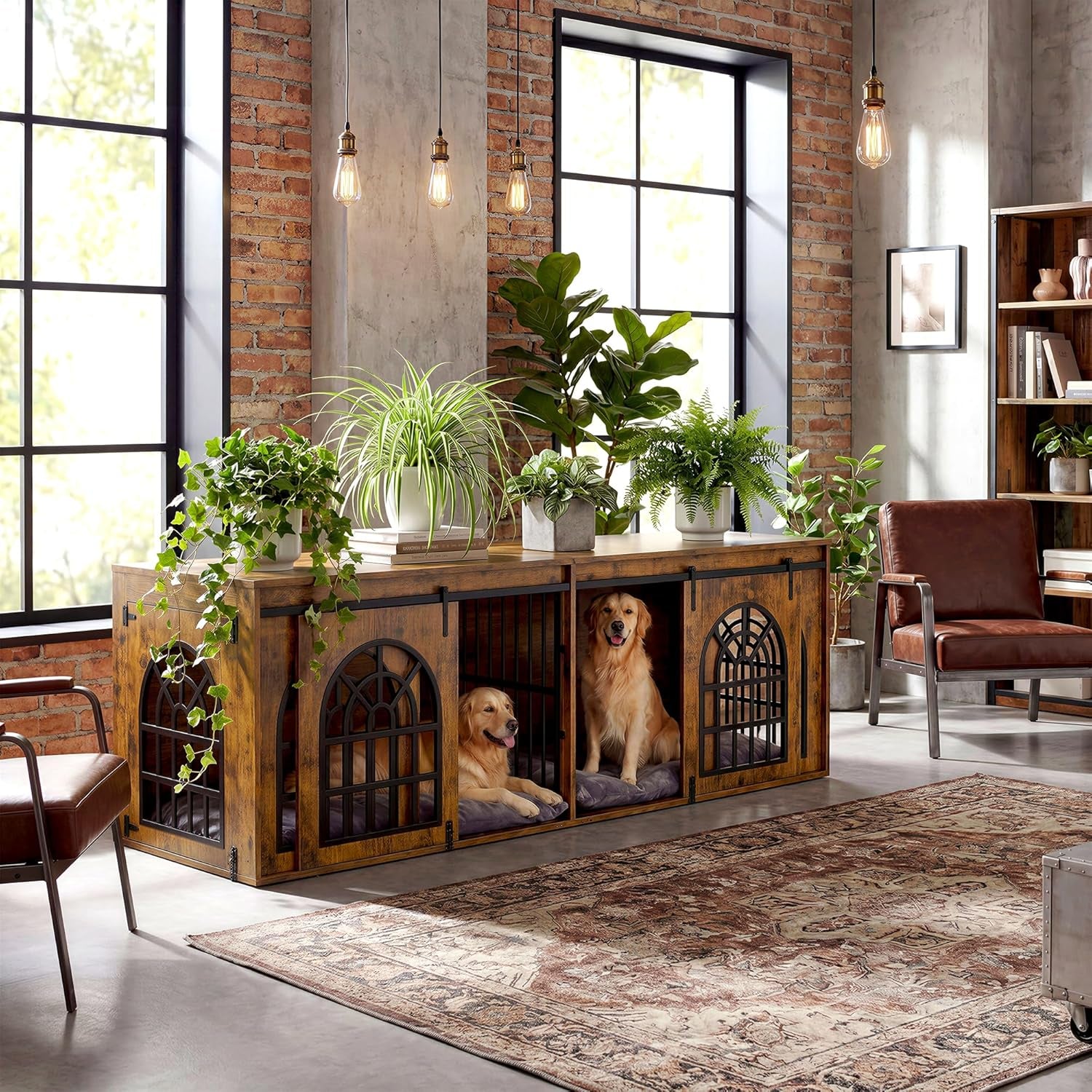 90.2" Double Room Dog Crate Furniture with Sliding Doors– Heavy Duty Wooden Dog Kennel with Hinged Divider, TV Stand & End Table for Large to Medium Dogs, Brown (Brown)