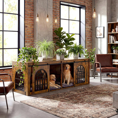 90.2" Double Room Dog Crate Furniture with Sliding Doors– Heavy Duty Wooden Dog Kennel with Hinged Divider, TV Stand & End Table for Large to Medium Dogs, Brown (Brown)