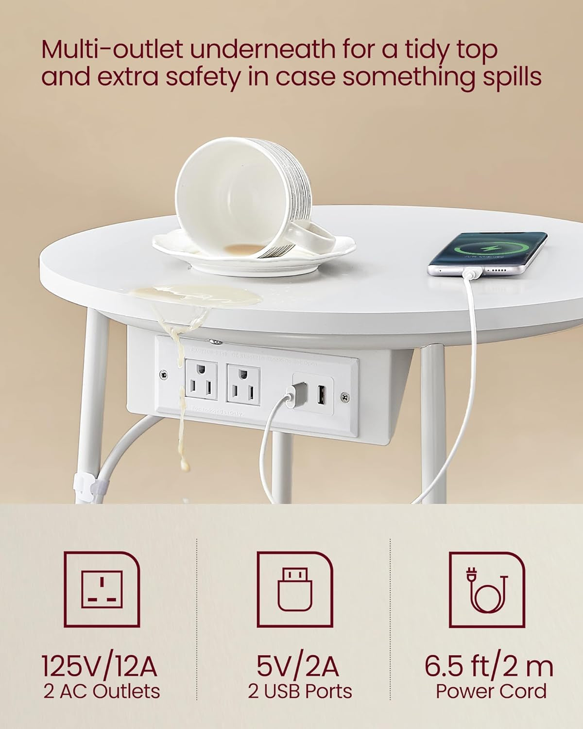 Side Table with Charging Station, round End Table with Fabric Basket, Nightstand with Power Outlets, USB Ports, for Living Room, Bedroom, Modern, Cream White ULET228N01