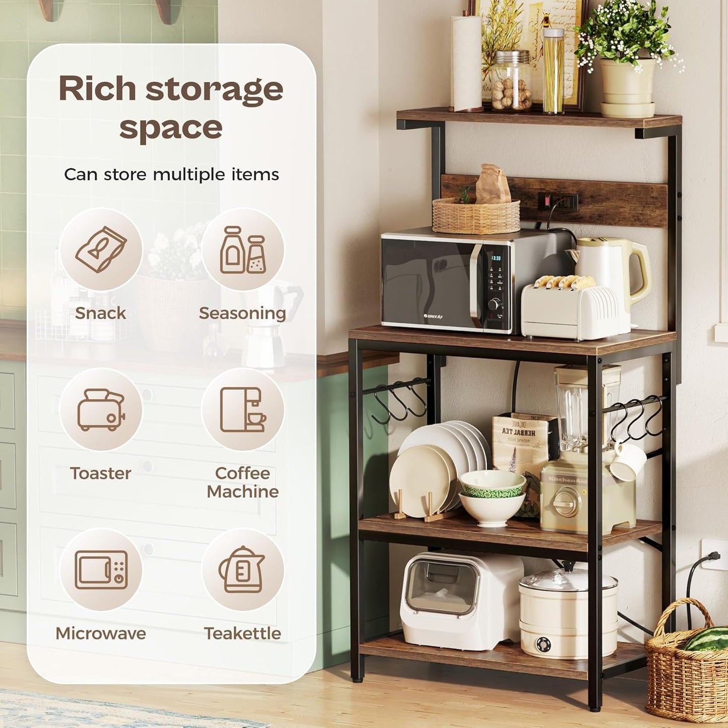 Kitchen Bakers Rack with Power Outlet, Coffee Bar Table 4 Tiers, Kitchen Microwave Stand with 6 S-Shaped Hooks, Storage Shelf Rack for Spices, Pots and Pans - Rustic Brown