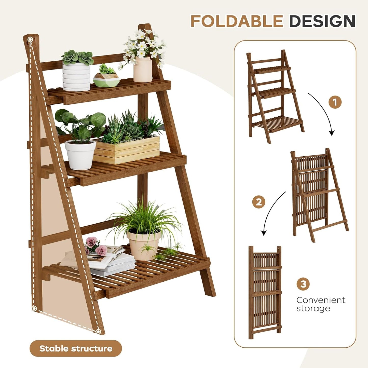 39.4" Bamboo Ladder Shelf Plant Shelf, 3 Tier Foldable Ladder Flower Pot Display Shelf Rack, 23.6"W X 15"D X 39.4"H, Freestanding Bookshelf for Garden, Balcony, Yard, Patio, Lawn, Living Room, Walnut