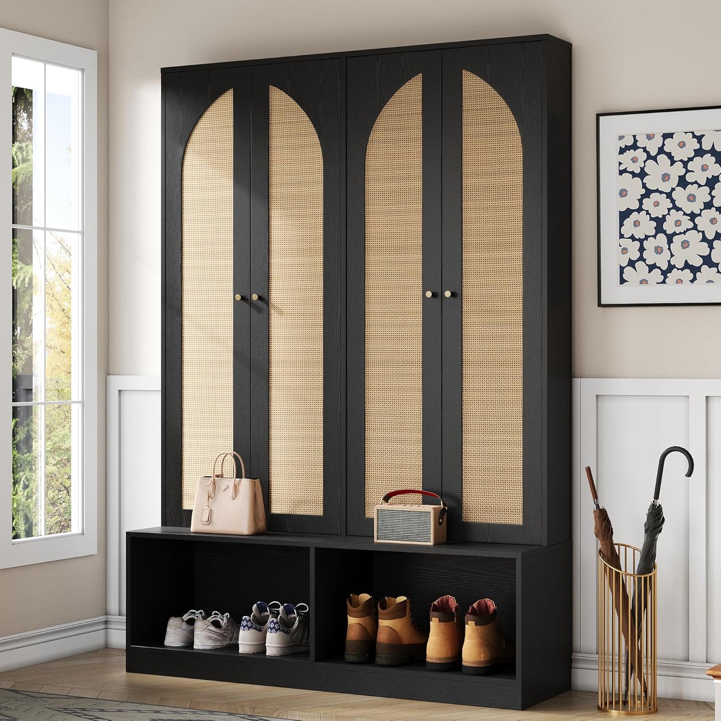 Farmhouse Hall Tree with 4 Rattan Doors & Bench - 55.1" Entryway Shoe Cabinet, 6 Hooks, Adjustable Shelf, Mid-Century Storage for Living Room, Black
