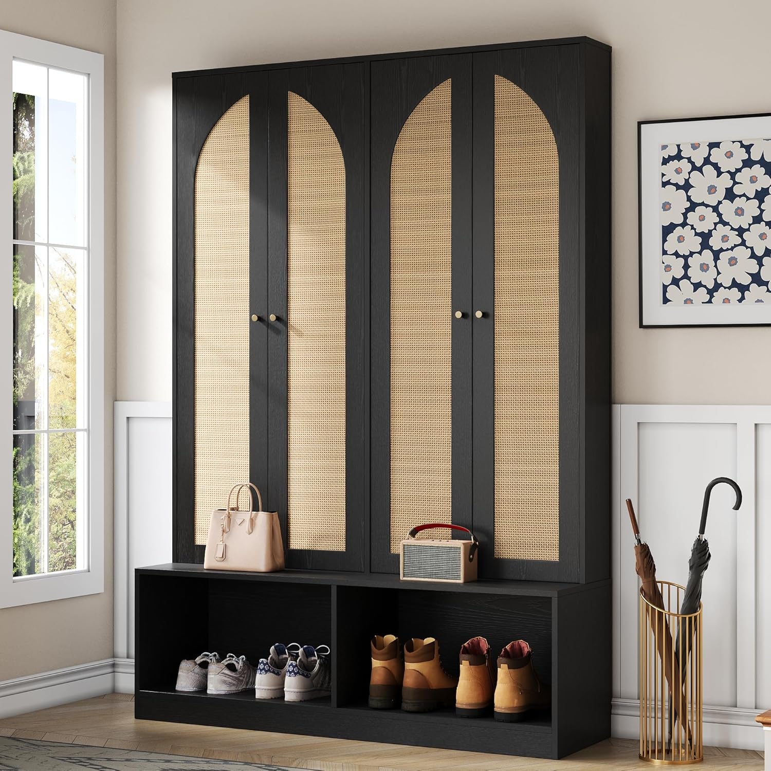 Farmhouse Hall Tree with 4 Rattan Doors & Bench - 55.1" Entryway Shoe Cabinet, 6 Hooks, Adjustable Shelf, Mid-Century Storage for Living Room, Black
