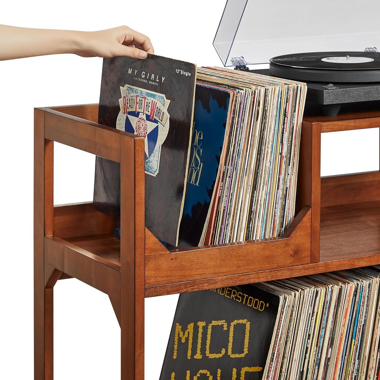 Asheville Mid-Century Modern Media Console Record Player Stand, Storage for Vinyl Records, Medium, Walnut