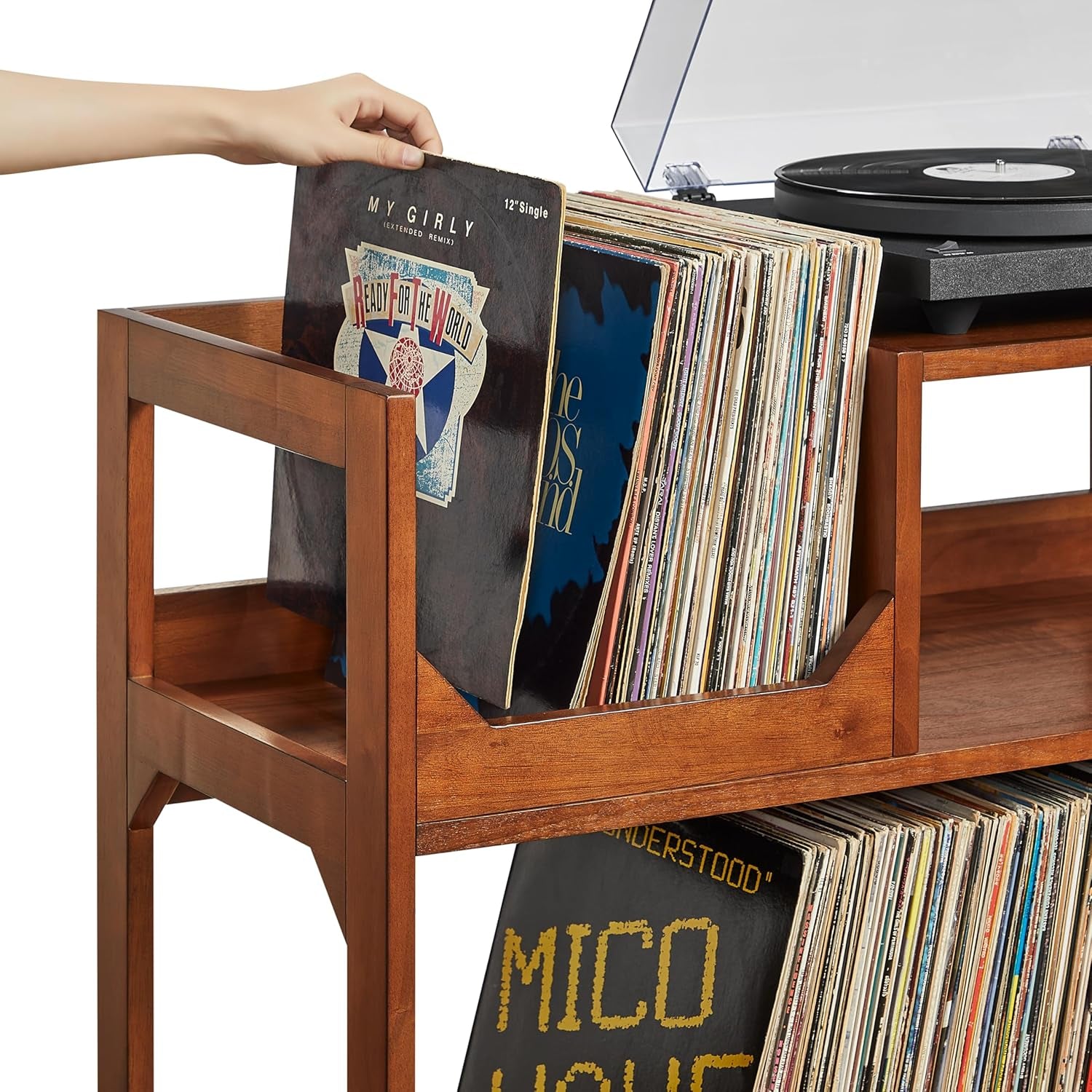 Asheville Mid-Century Modern Media Console Record Player Stand, Storage for Vinyl Records, Medium, Walnut