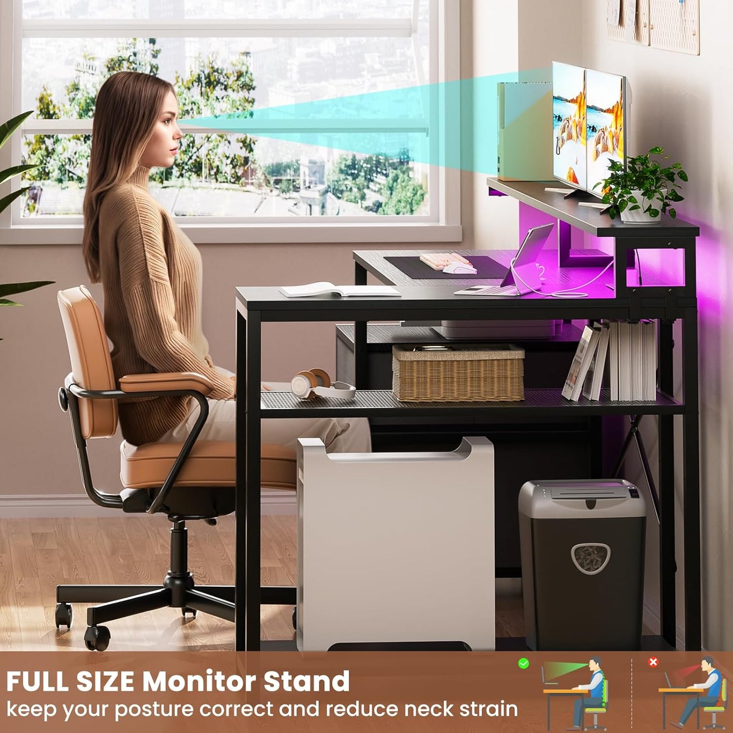 L Shaped Desk with File Drawer, Reversible L Shaped Computer Desk Gaming Desk with Power Outlet & LED Strip, Home Office Desk with Monitor Shelf, Corner Desk with Storage Shelves, Black
