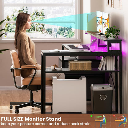 L Shaped Desk with File Drawer, Reversible L Shaped Computer Desk Gaming Desk with Power Outlet & LED Strip, Home Office Desk with Monitor Shelf, Corner Desk with Storage Shelves, Black