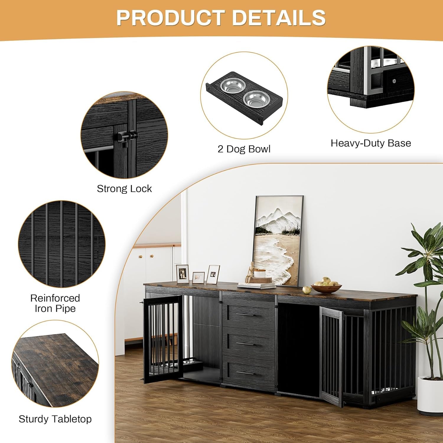 94.5" Large Dog Crate Furniture for 2 Dogs, Double Wooden Dog Kennel Furniture with 4 Dog Bowls & 3 Drawers, Heavy Duty Indoor Furniture Style Dog Cage TV Stand/Table/House, Black
