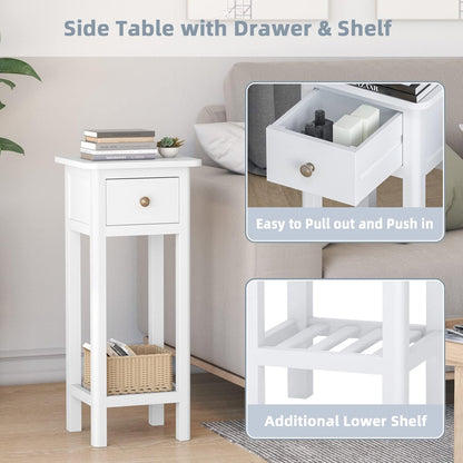Tall End Table, Narrow Side Table with Drawer and Shelf, Acacia Wood Nightstand for Living Room, 2-Tier Bedside Table for Small Space, No Assembly, White