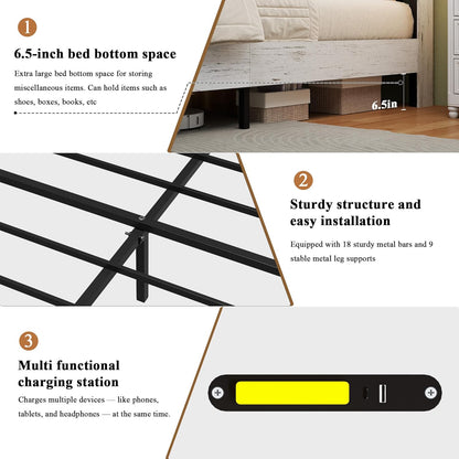 Farmhouse Queen Size Bed Frame with Headboard Storage Shelf, Wood Platform Bed Frame with LED Lights & Charging Station, Rustic White Metal Bed, No Box Spring Needed, Noise-Free Sturdy Structure