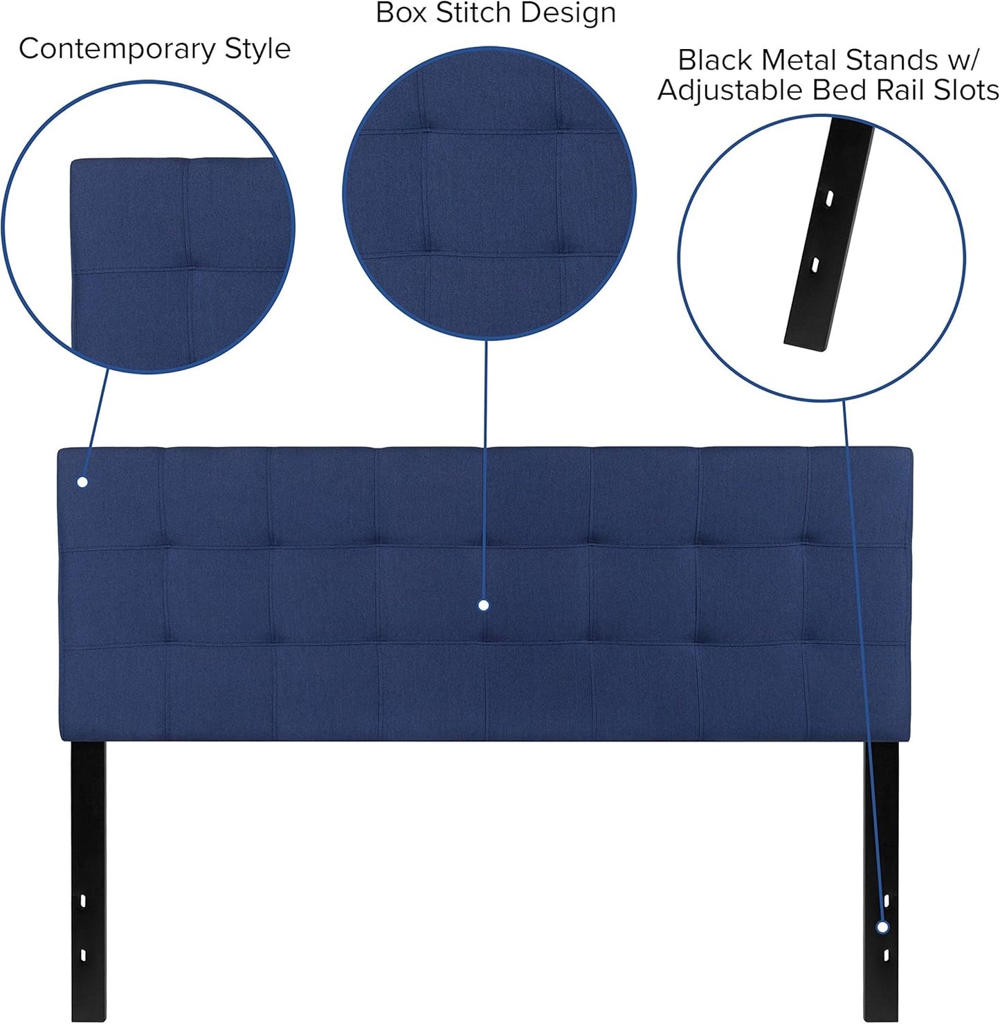Bedford Box Stitch Tufted Upholstered Queen Size Headboard in Navy Fabric