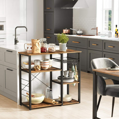 Baker'S Rack, Coffee Bar Stand with Charging Station, 33 Inches Tall, Storage Shelves, Pull-Out Wire Basket, Table for Microwave, Kitchen, Rustic Brown and Ink Black UKKS90X