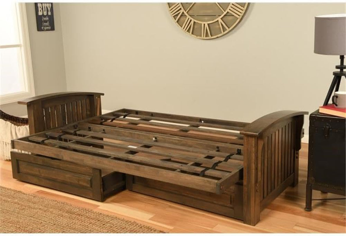 Washington Queen Size Futon Frame with Storage Drawers - Wood Futon Frame with Mattress Included in Suede Black Color