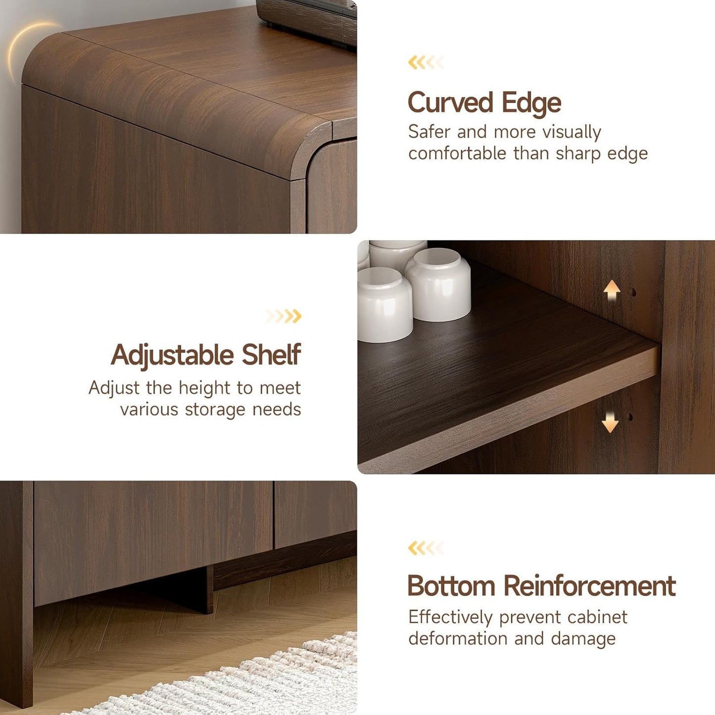 60" Sideboard Buffet Cabinet with Storage, Curved Design Farmhouse Coffee Bar Cabinet with 4 Doors & Adjustable Shelves for Living Room, Kitchen, Hallway, Walnut