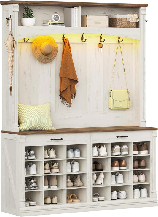 59" Farmhouse Hall Tree with Bench and Shoe Storage, LED Entryway Furniture with 8 Hooks, 24 Shoe Cubbies Hall Tree with Storage, Entryway Storages and Coat Rack Wood, Rustic White