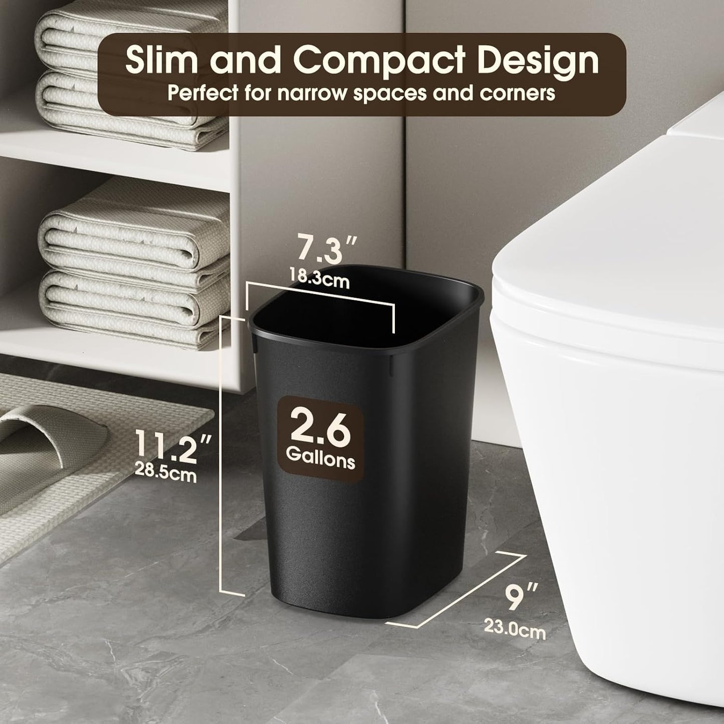 Small Bathroom Trash Can, 2.6 Gallon Slim Mini Garbage Can Small Trash Bin Plastic Waste Basket for Dorm Room, Bedroom, Office, Toilet (Black)