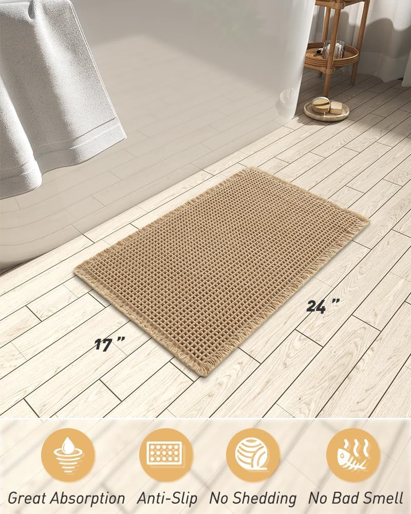 Upgraded Waffle Bath Mat, Super Absorbent Non Slip Bath Mats for Bathroom Floor, Machine Washable Bathroom Rugs with Tassels, Rubber Backed Bathroom Mats, Ultra Soft, 17" X 24", Brown