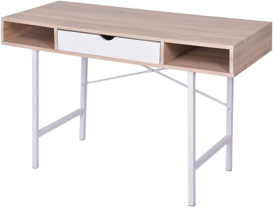 Modern Computer Desk, Oak and White MDF Metal Medium Rectangular Office Desk with Drawer, Wood Work Table for Home Office, 47.2X18.9X30.3 Inch