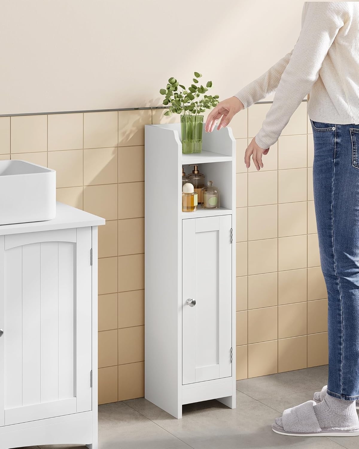 Small Bathroom Storage Corner Floor Cabinet with Door, 7.9 X 7.1 X 31.5 Inches, Bathroom Organizer, Narrow Toilet Paper Storage Cabinet, Adjustable Shelves, Cloud White UBBC310W01