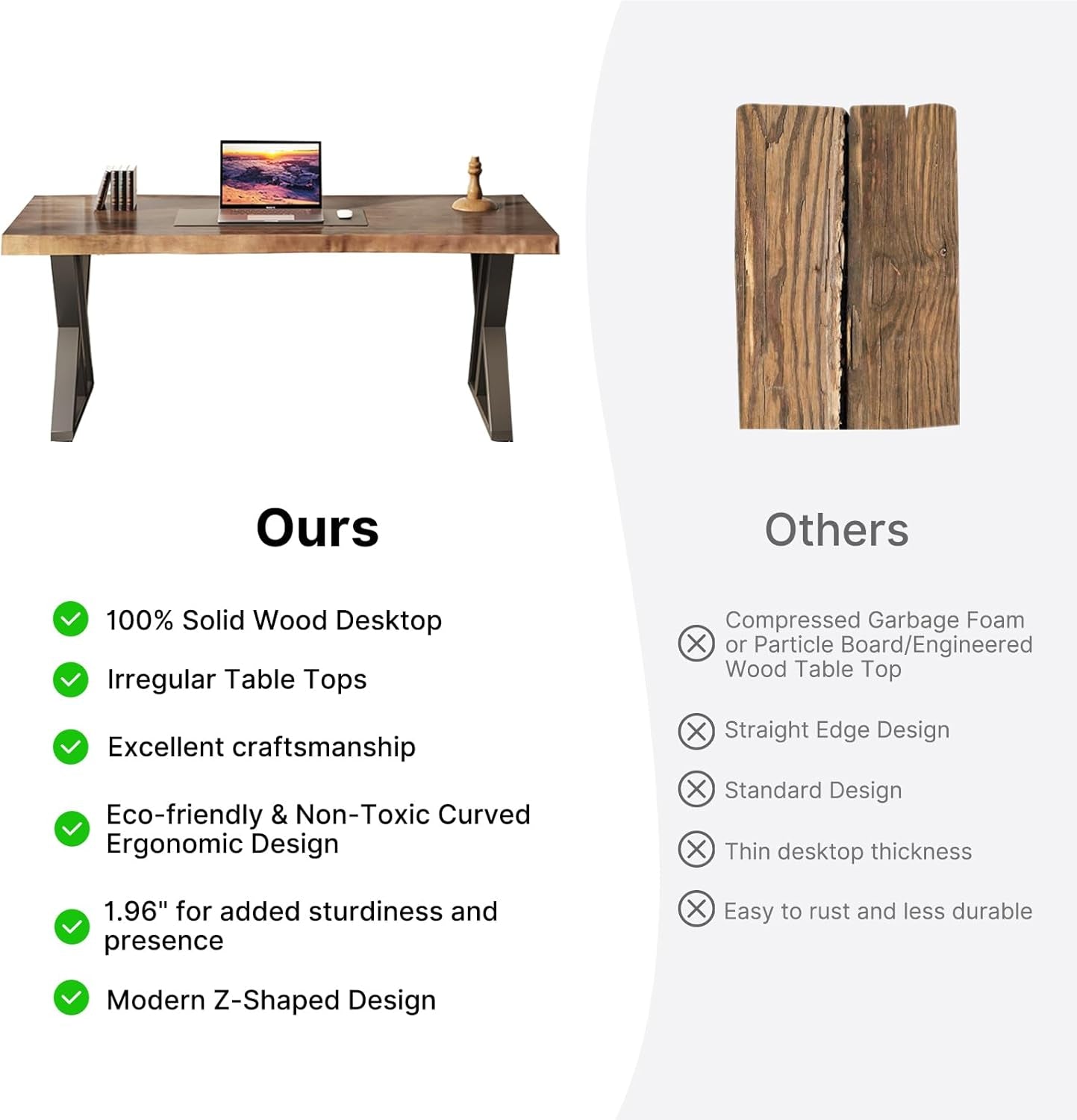 Solid Wood Desk 55 Inches, Home Office Computer Desk Wooden Rustic Writing Desk Metal Modern Simple Design Executive Real Wood Desk(Rustic Brown)
