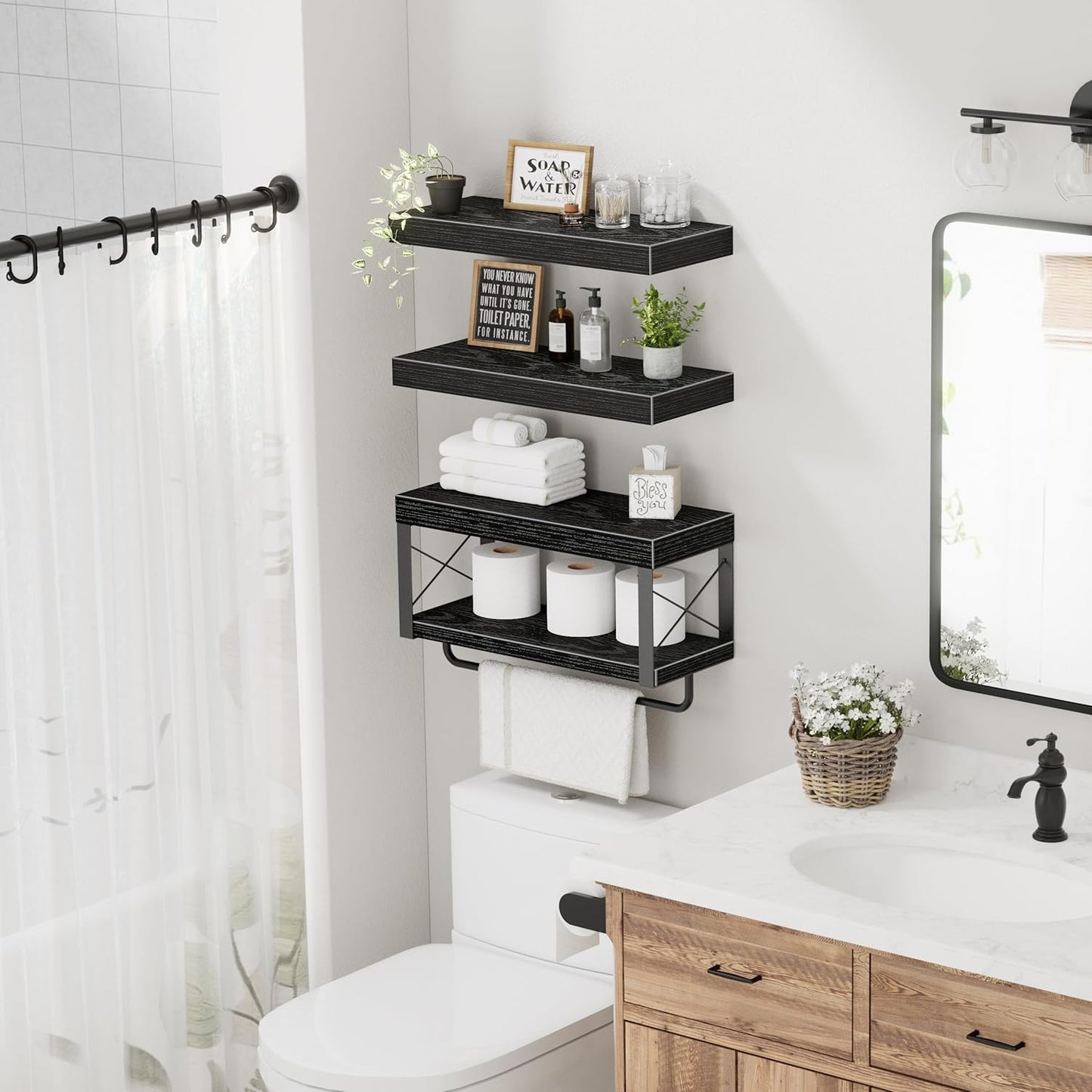 Bathroom Shelves over Toilet - Floating Shelf for Wall Toilet Paper Storage Farmhouse 16 Inch Set of 3, Black (029-40B3)