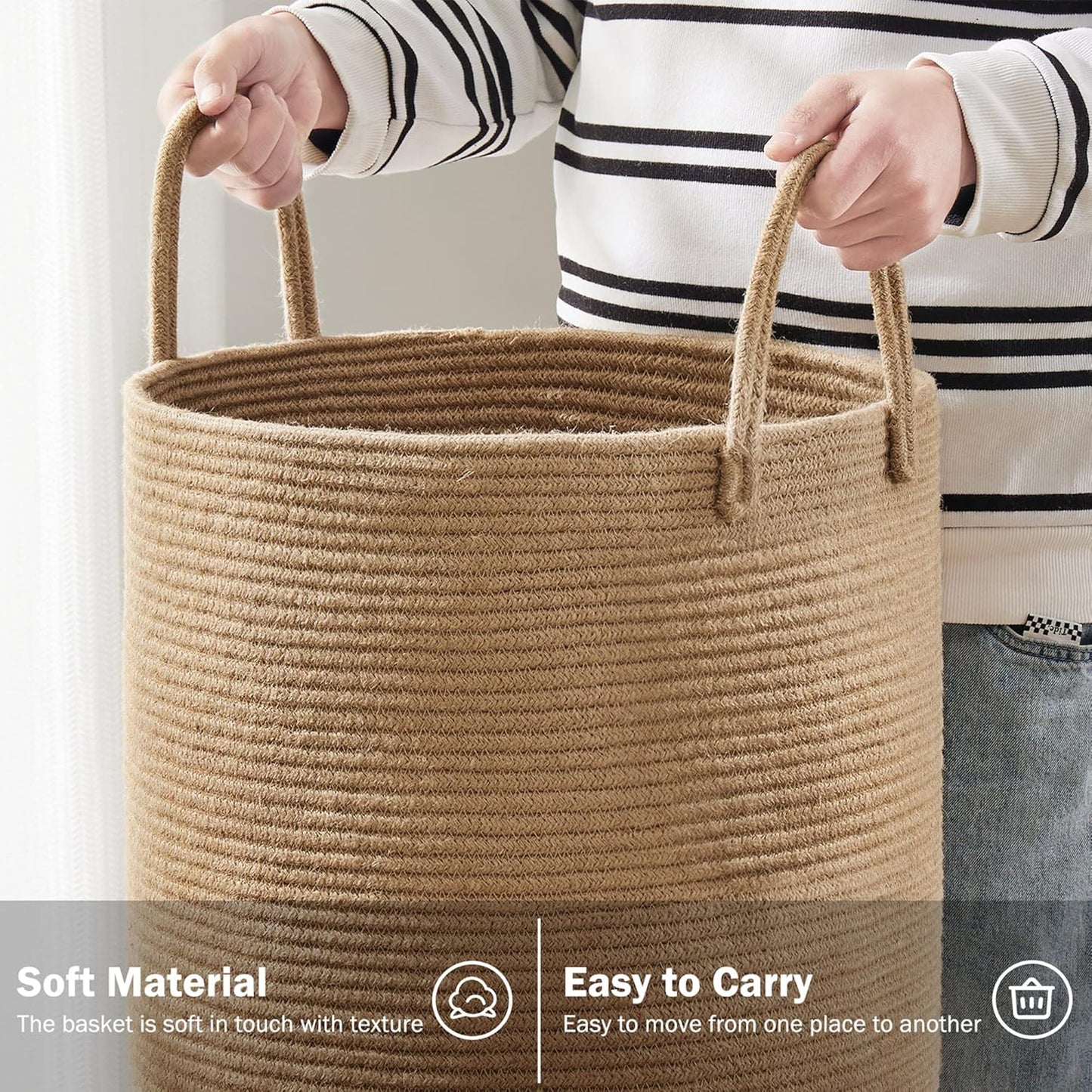 Jute Rope Laundry Hamper Basket by , 58L Tall Laundry Basket, Baby Nursery Hamper for Blanket Storage for Bedroom-Large-Jute
