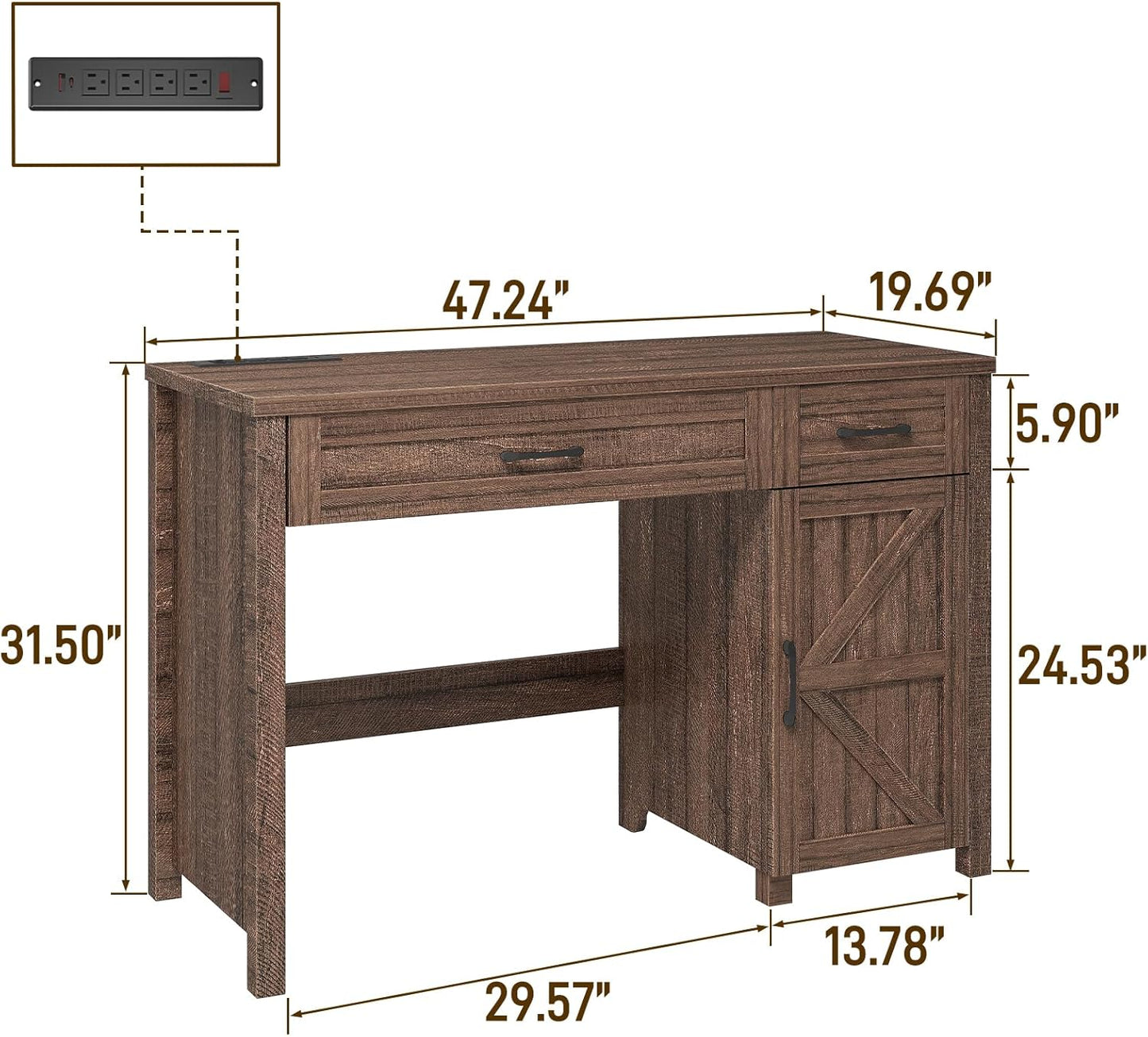 Farmhouse 47" Executive Desk, Computer Desk with Drawers and Storage Cabinet, Workstation Computer Desk for Home Office and Study.Red-Brown