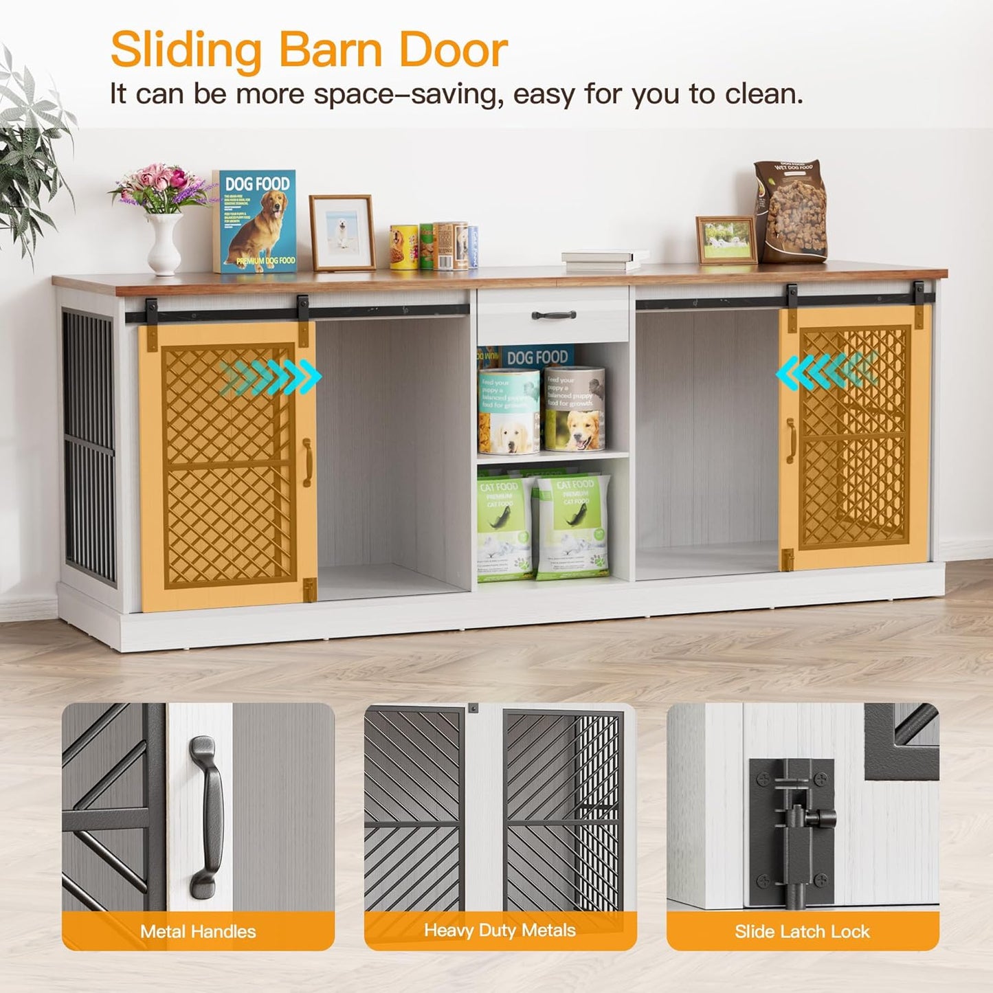 86" Dog Crate Furniture for 2 Dogs,Heavy Duty Indoor Dog Kennel End Table,Wooden Double Dog Cage Furniture Large Breed,Tv Stand with Divider & Storage Drawer