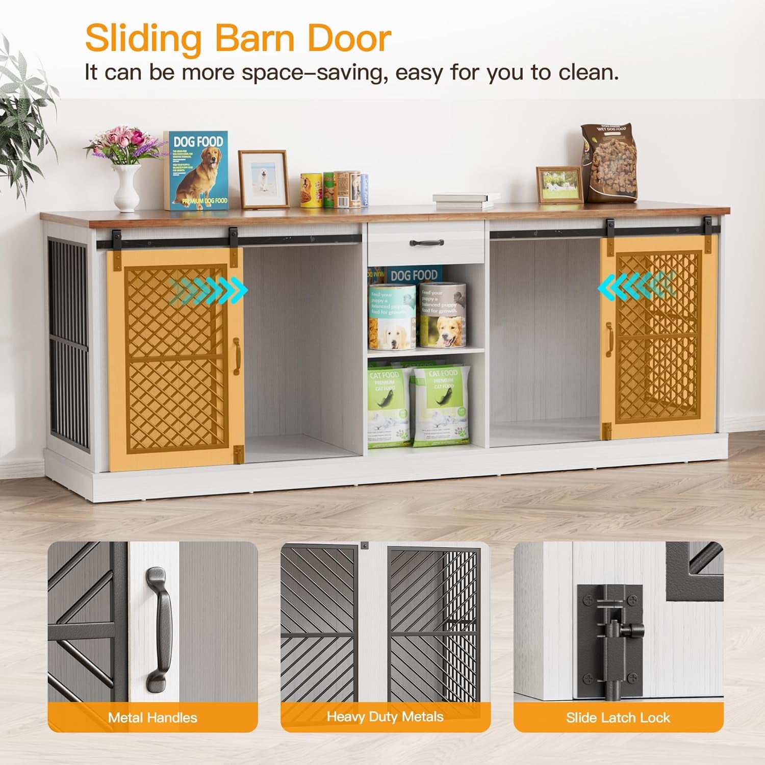 86" Dog Crate Furniture for 2 Dogs,Heavy Duty Indoor Dog Kennel End Table,Wooden Double Dog Cage Furniture Large Breed,Tv Stand with Divider & Storage Drawer