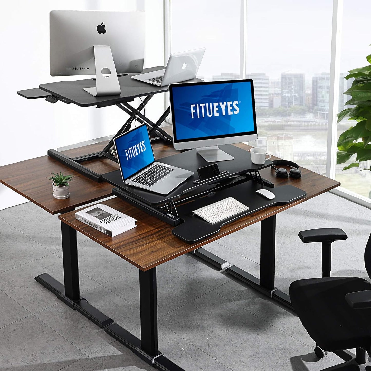 Height Adjustable Standing Desk 32” Wide Sit to Stand Converter Stand up Desk Tabletop Workstation for Dual Monitor Riser FSD308001WB