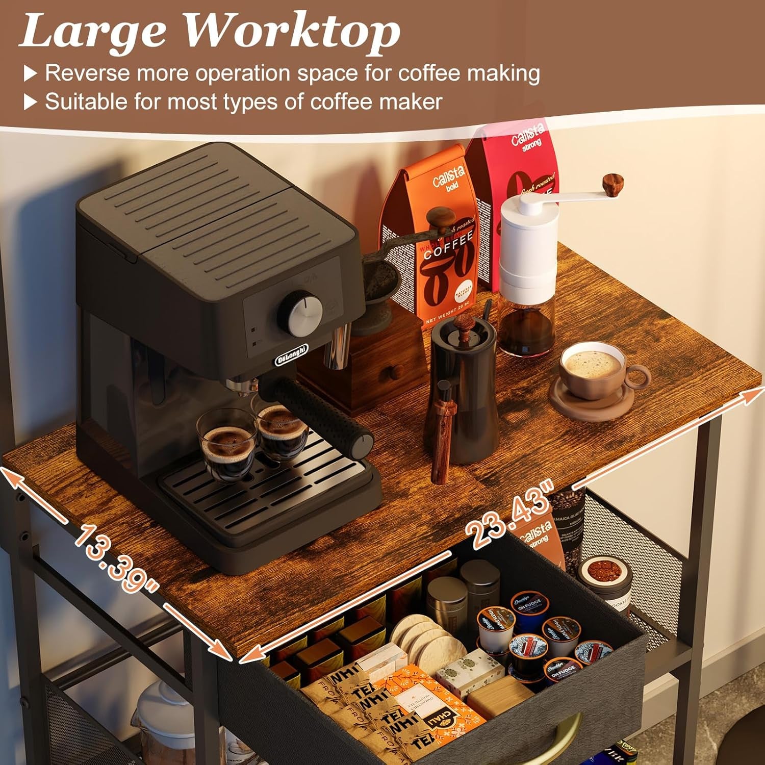 Coffee Bar Stand Station with Storage Drawer, Extended Worktop Coffee Table, Farmhouse Corner Bar Cabinet for Small Spaces, Barkers Rack & Home Bar for Entryway, Living Room