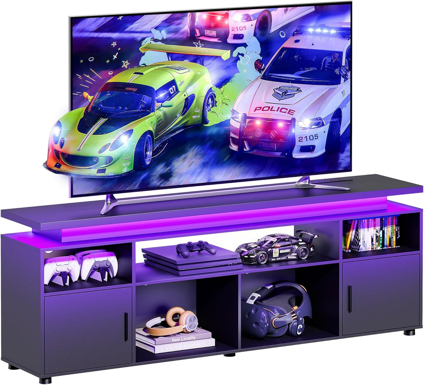 TV Stand, Entertainment Center with LED Lights and Cabinet for 70/75/80 Inch TV, Modern TV Console Gaming Media Television Stands with Power Outlets for PS5 in Living Room and Bedroom, Black