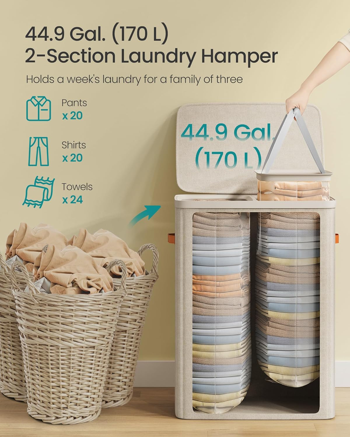 Laundry Basket, 44.9 Gal. Laundry Hamper, 2 Compartments, Easy Assembly, with Lid and Handles, Removable Liners, 22 X 15.7 X 29.5 Inches, Cappuccino Beige ULCB813L01