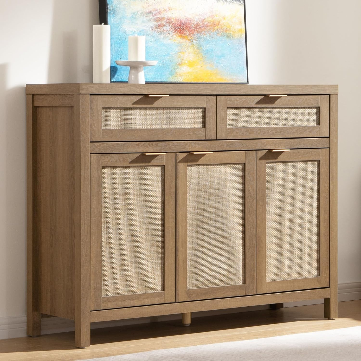 Rattan Sideboard Buffet Cabinet with Storage, Boho Credenza Accent Cabinet with 3 Doors and 2 Drawers, Farmhouse Console Coffee Bar for Kitchen, Living Room, and Entryway, Caramel Oak
