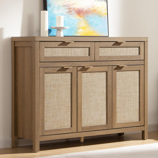 Rattan Sideboard Buffet Cabinet with Storage, Boho Credenza Accent Cabinet with 3 Doors and 2 Drawers, Farmhouse Console Coffee Bar for Kitchen, Living Room, and Entryway, Caramel Oak