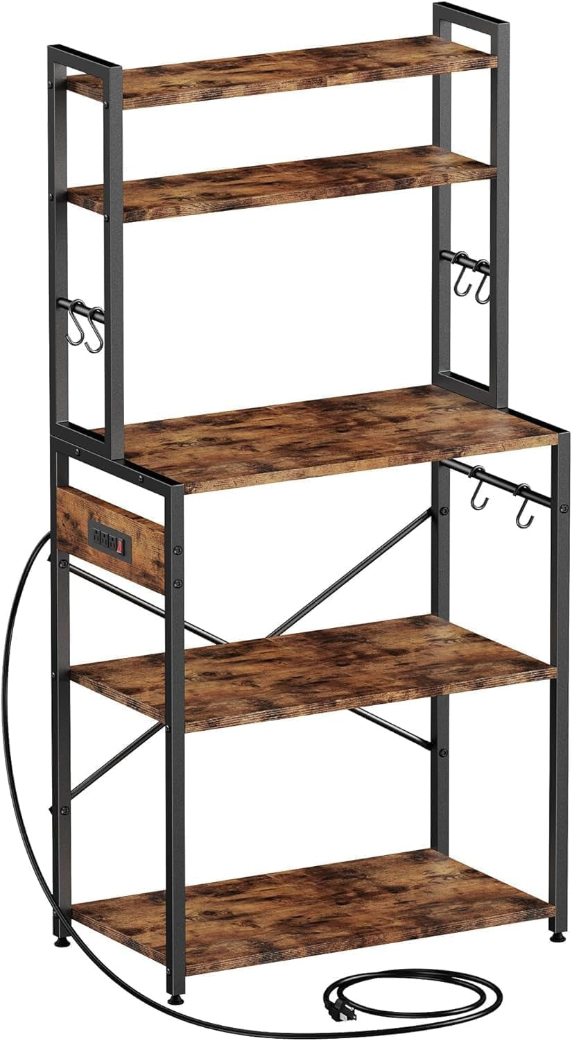 Kitchen Bakers Rack with Power Outlet, 5 Tiers Coffee Bar Table, Kitchen Microwave Stand with 6 S-Shaped Hooks, Kitchen Storage Shelf Rack for Spices, Pots, Rustic Brown
