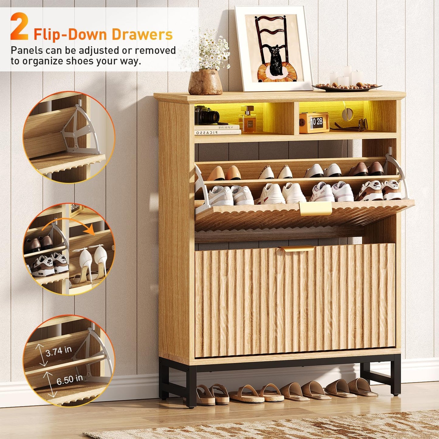 Fluted Shoe Storage Cabinet with 2 Flip Drawers, 31.5" Narrow Shoe Organizer Cabinet with LED Light, Slim Freestanding Shoe Rack Cabinet, Wooden Hidden Shoe Cabinet for Entryway, Hallway(Natural Oak)
