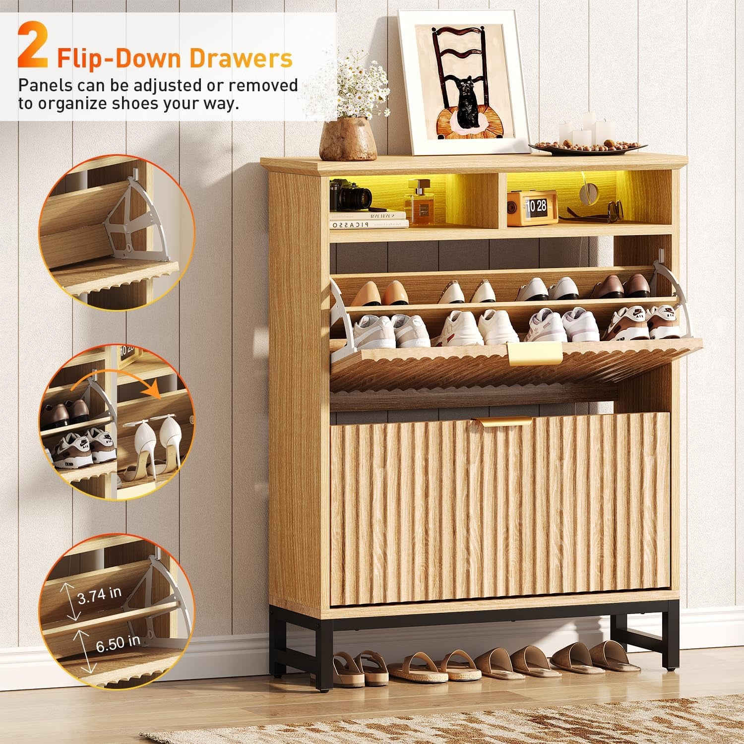 Fluted Shoe Storage Cabinet with 2 Flip Drawers, 31.5" Narrow Shoe Organizer Cabinet with LED Light, Slim Freestanding Shoe Rack Cabinet, Wooden Hidden Shoe Cabinet for Entryway, Hallway(Natural Oak)