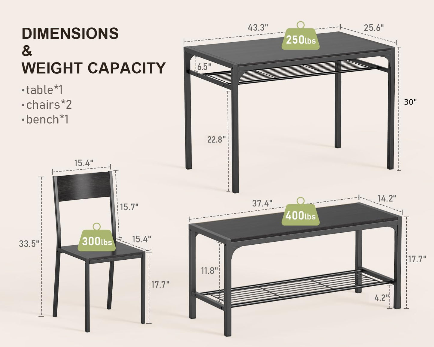 Kitchen Table and 2 Chairs for 4 with Bench, 4 Piece Dining Table Set for Small Space, Apartment
