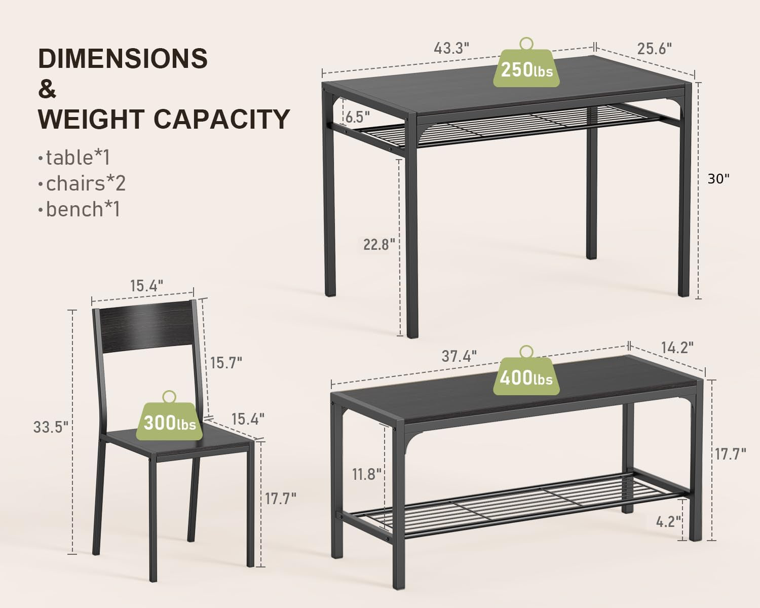 Kitchen Table and 2 Chairs for 4 with Bench, 4 Piece Dining Table Set for Small Space, Apartment