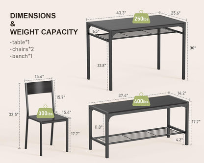 Kitchen Table and 2 Chairs for 4 with Bench, 4 Piece Dining Table Set for Small Space, Apartment