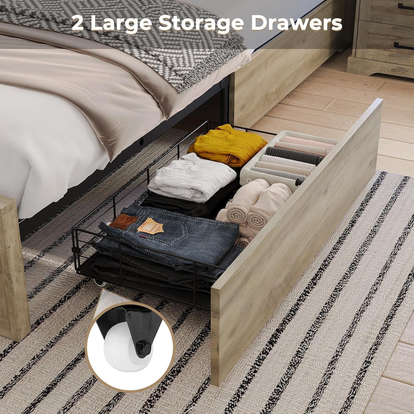 Farmhouse Bed Frame California King Size with Storage Bookcase Headboard, Wooden Cal King Bed with LED Lights, Charging Station, 2 Drawers, Country Rustic Bed Frame with Sliding Barn Door