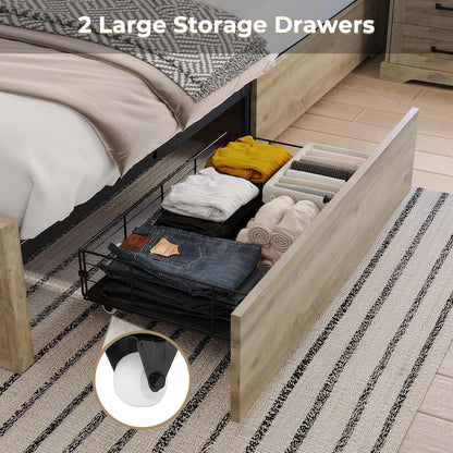 Farmhouse Bed Frame California King Size with Storage Bookcase Headboard, Wooden Cal King Bed with LED Lights, Charging Station, 2 Drawers, Country Rustic Bed Frame with Sliding Barn Door