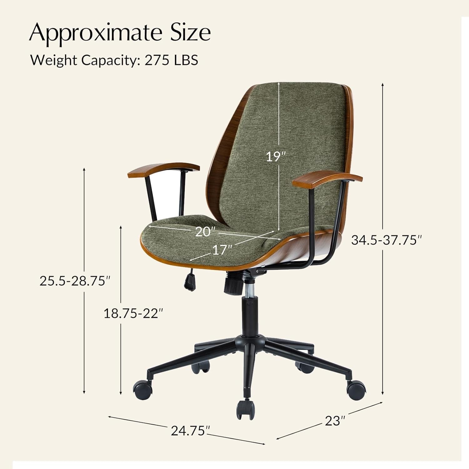 Solid Wood Office Chair with Rocking Function, Comfy Fabric Desk Chair with Bent Wood and Metal Base, Height Adjustable Swivel Computer Task Chair, Green