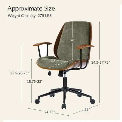 Solid Wood Office Chair with Rocking Function, Comfy Fabric Desk Chair with Bent Wood and Metal Base, Height Adjustable Swivel Computer Task Chair, Green