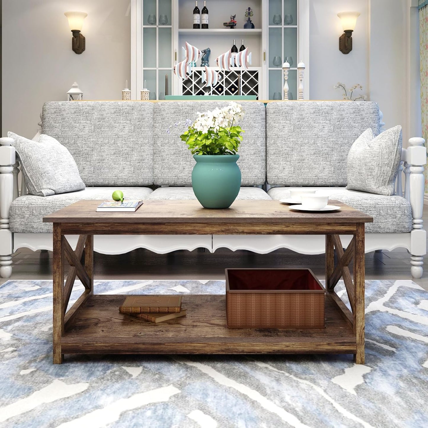 Coffee Table, Modern Farmhouse Wood Coffee Table with 2-Tier Storage, 40 Inch, Rustic