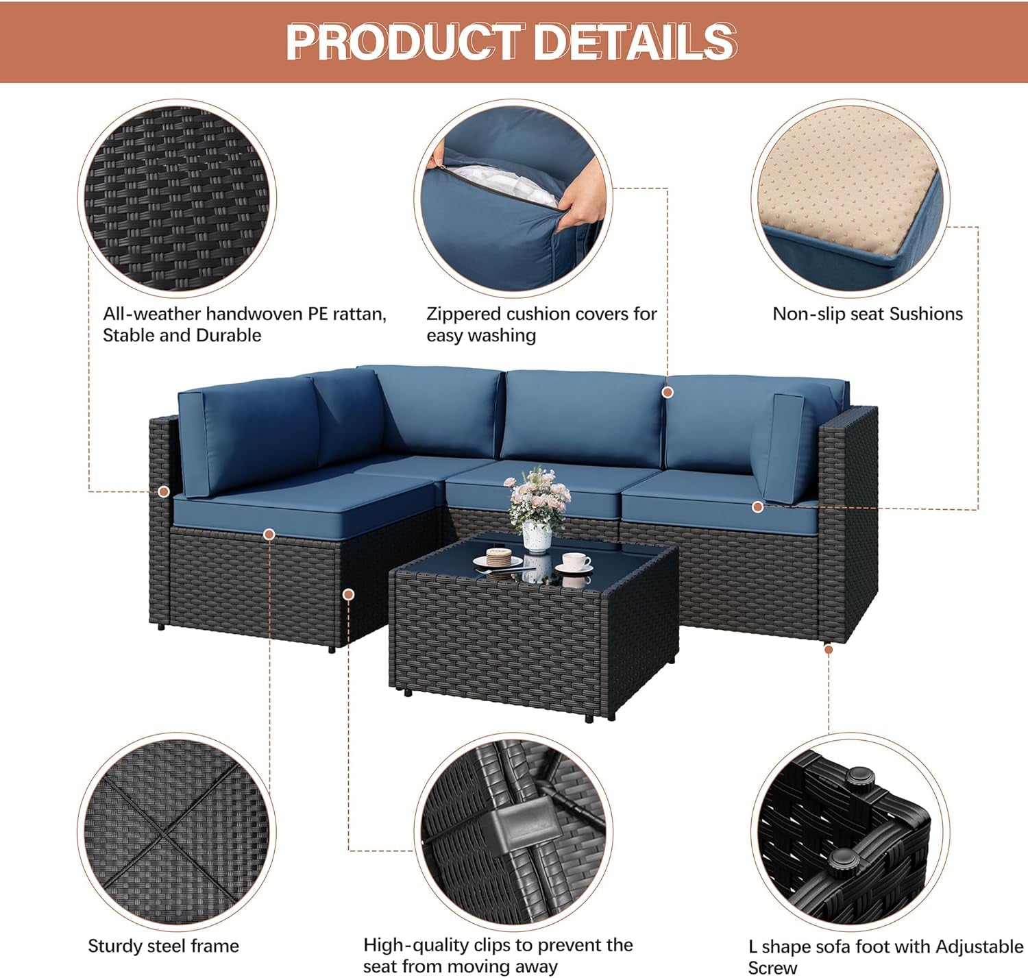 Patio Furniture Sets, 5-Piece Outdoor Patio Furniture with Thick Cushions, Wicker Outdoor Conversation Set Sectional Sofa for Backyard, Poolside, Garden, Aegean Blue