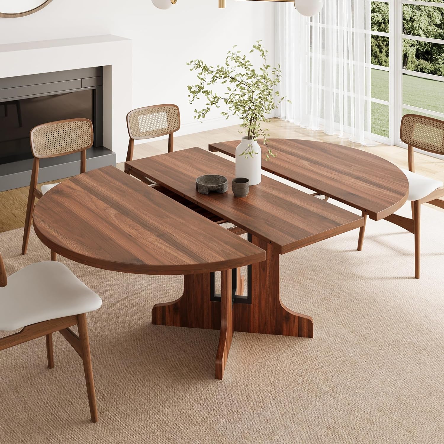 59" round Extendable Dining Room Table for 4-6, Modern Oval Kitchen Table with Heavy Duty Wood Base, Metal Frame Support, for Kitchen Dining Living Room, Easy Assembly, Walnut
