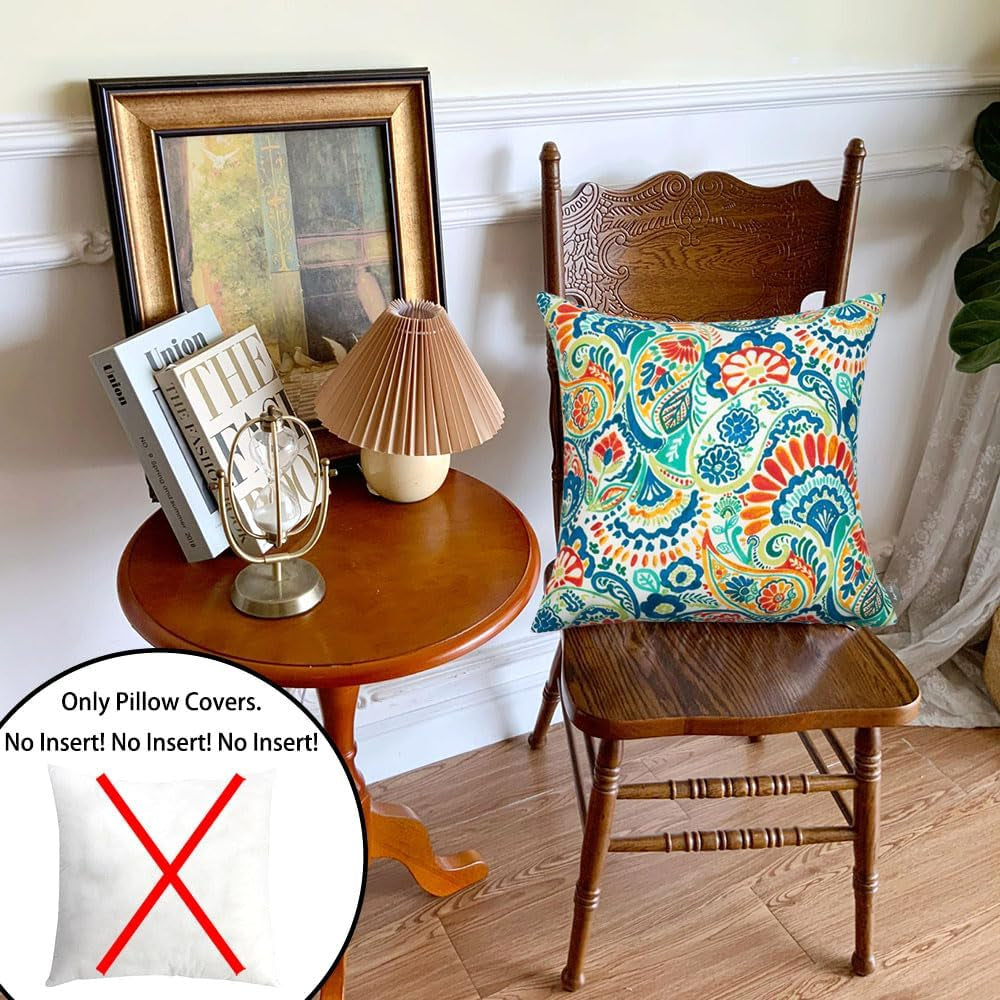 Patio Pillow Covers ONLY 18"X18", Set of 2, Fade-Resistant Outdoor Indoor Cushion Cases Decorative Throw Pillowcase Shell for Couch Garden Furniture -Paisley Multi